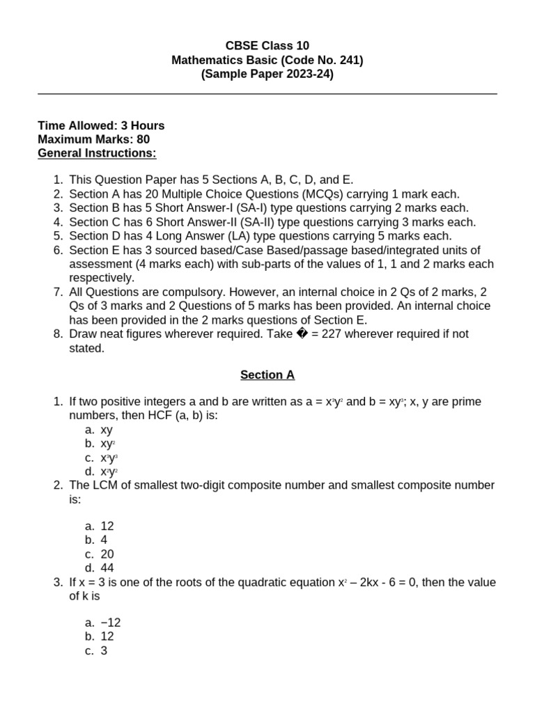 CBSE Class 10 Math Sample Paper 2023-24 | PDF | Circle | Area