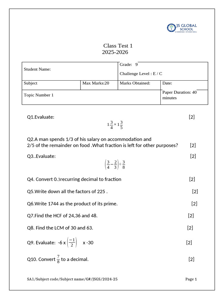 Grade 9 Maths Class Test MCQs | PDF
