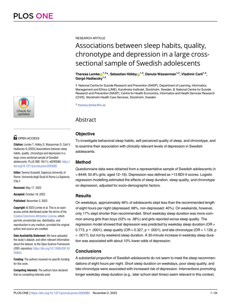 Sleep, Chronotype, and Depression in Teens | PDF | Regression Analysis ...