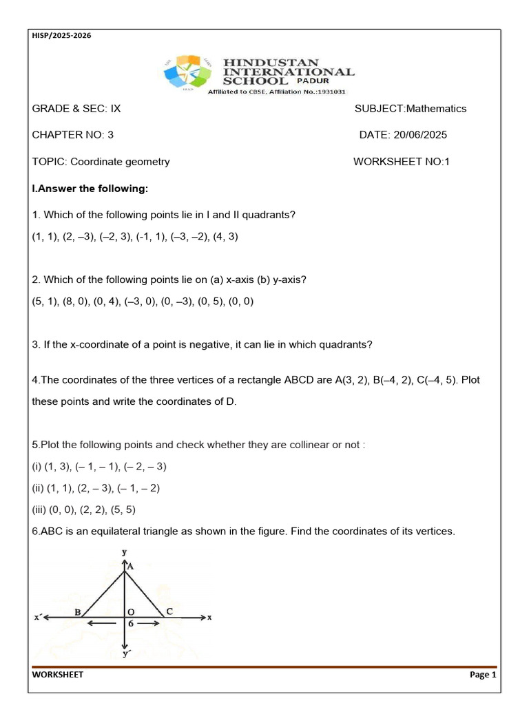 Class 9 Coordinate Geometry Worksheet | PDF