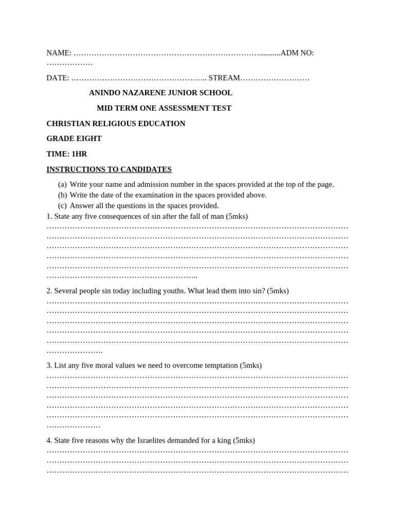 Grade 8 Christian Education Test | PDF