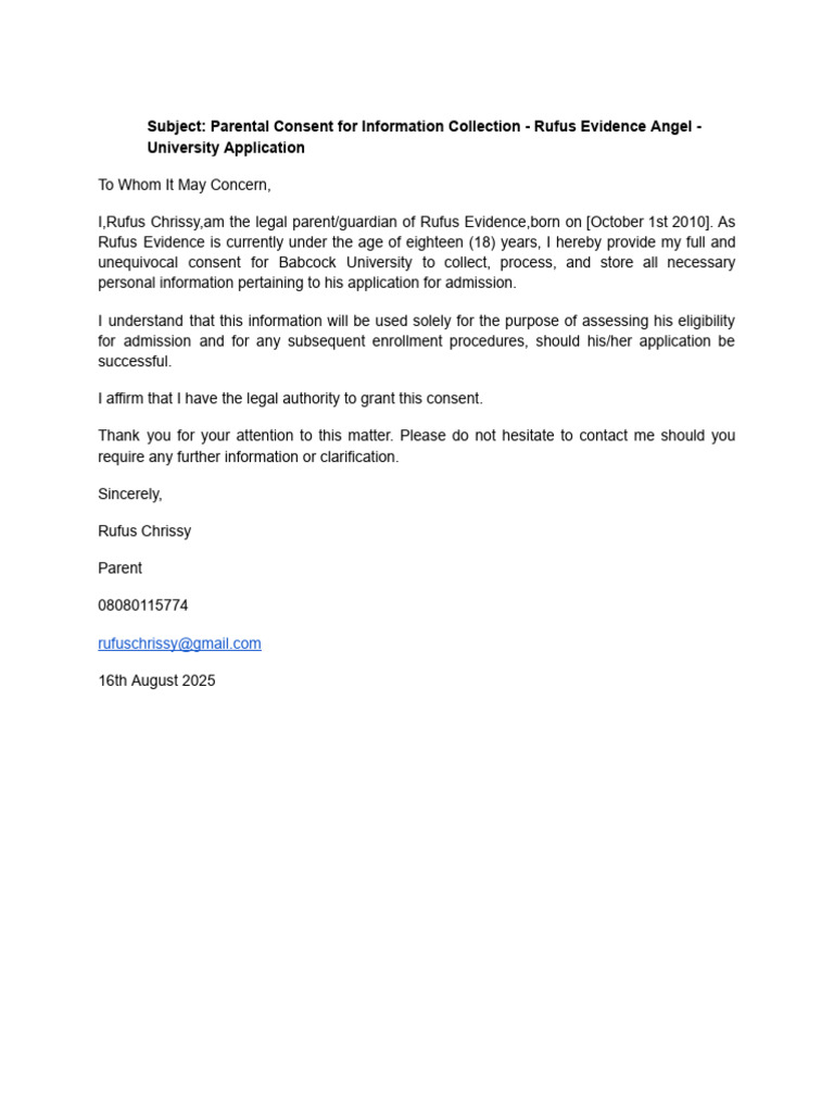 Parental Consent for University Application | PDF