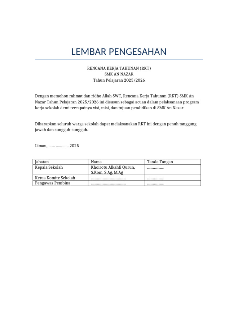 Lembar Pengesahan RKT SMK An Nazar | PDF