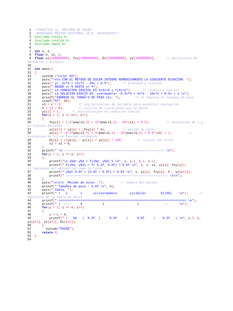 Método de Euler en C para integración | PDF | Ecuaciones diferenciales ...