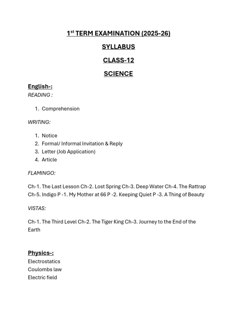 Class 12 Science First Term Syllabus 2025-26 | PDF