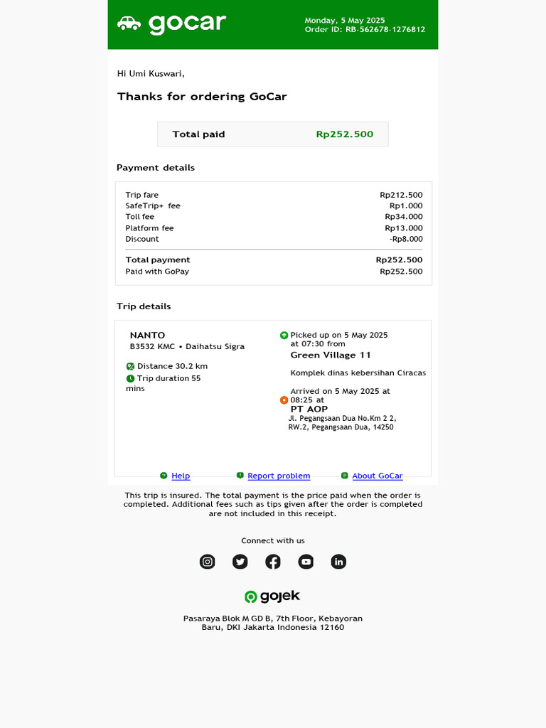 GoCar Trip Receipt and Payment Summary | PDF