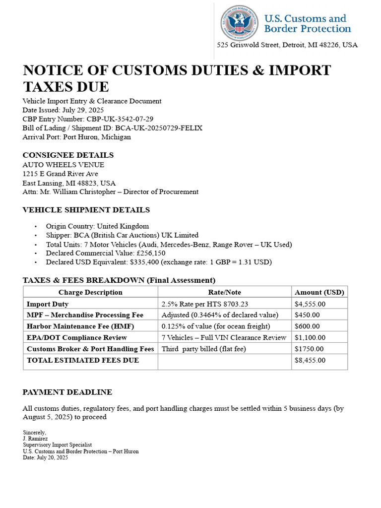 Vehicle Import Duties Notice - Detroit | PDF