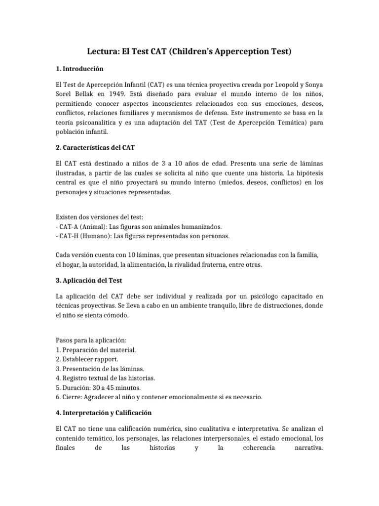 Test CAT: Evaluación Infantil Proyectiva | PDF | Sicología | Psicoanálisis