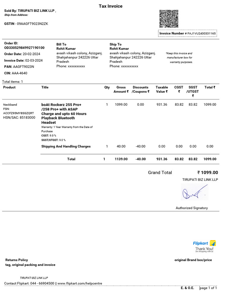 Invoice for boAt Rockerz 255 Pro+ | PDF | Invoice | Government Finances