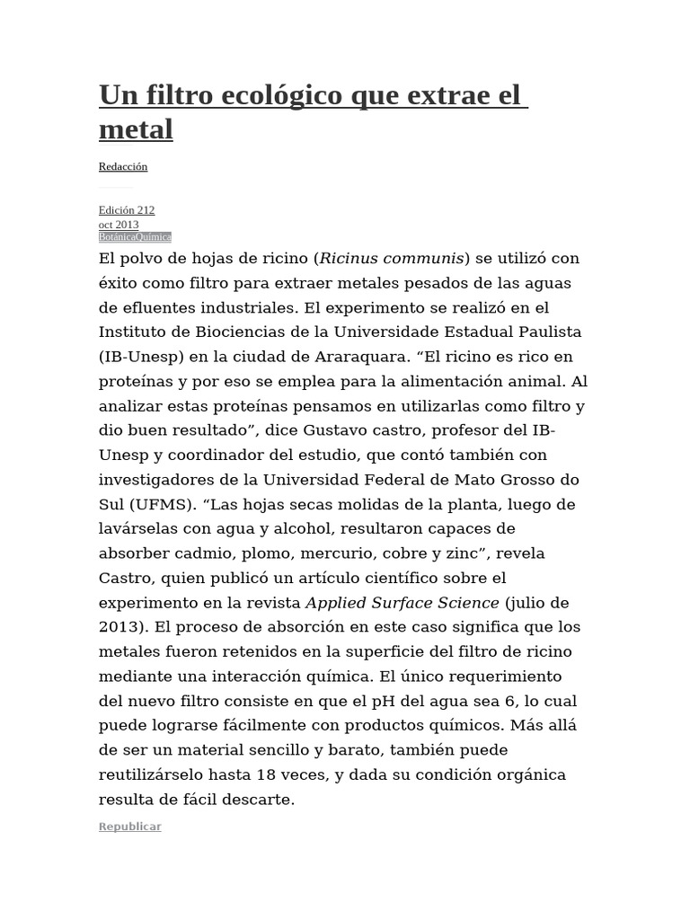 Un Filtro Ecológico Que Extrae El Metal | PDF