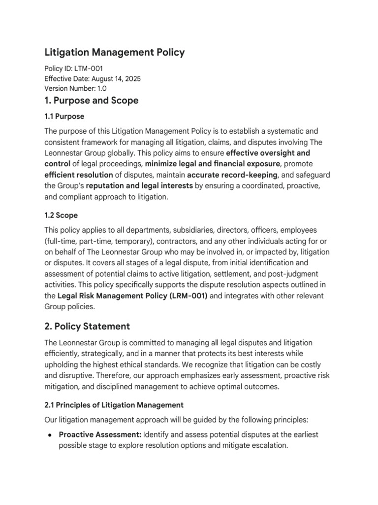 Litigation Management Framework Overview | PDF | Lawsuit | Regulatory ...