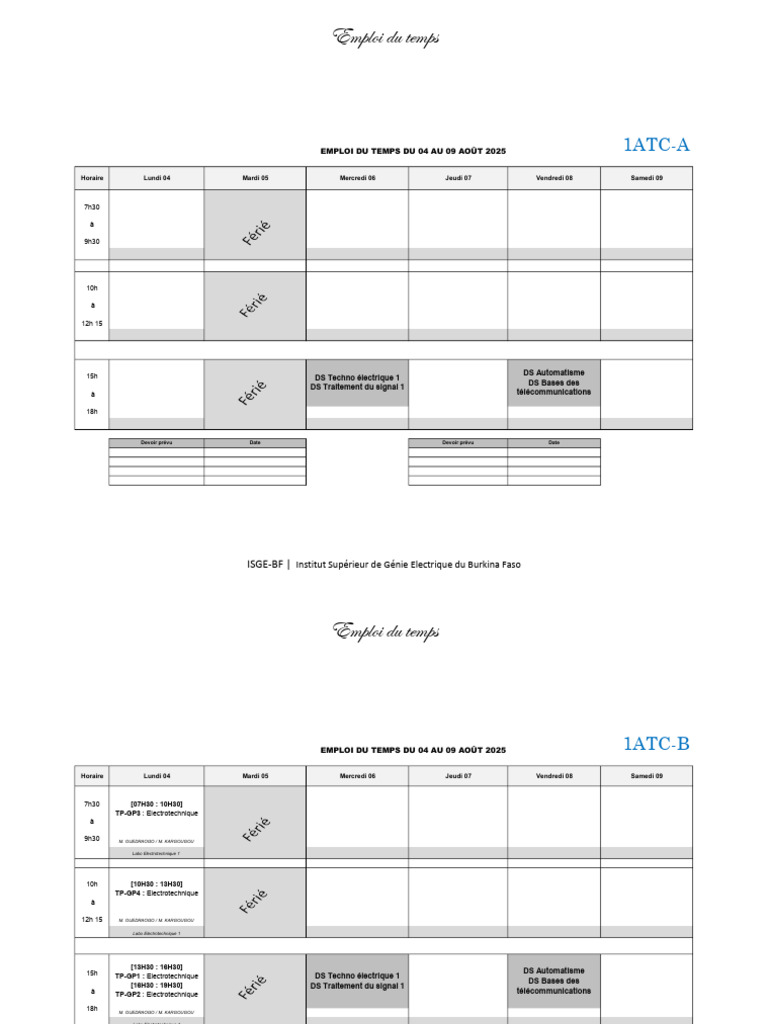 Emploi du temps ISGE-BF : 04-09 août 2025 | PDF | Ingénierie ...