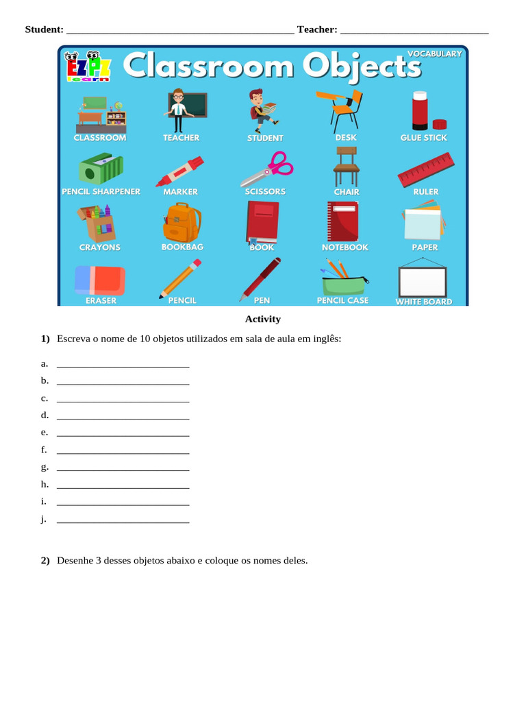 Objetos de Sala de Aula em Inglês | PDF