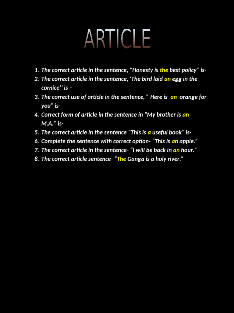 Correct Use of Articles in Sentences | PDF