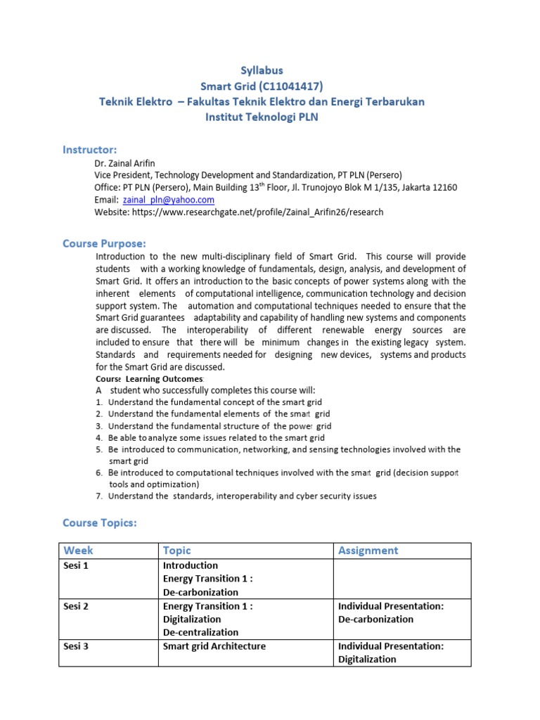 Smart Grid Course Syllabus | PDF | Smart Grid