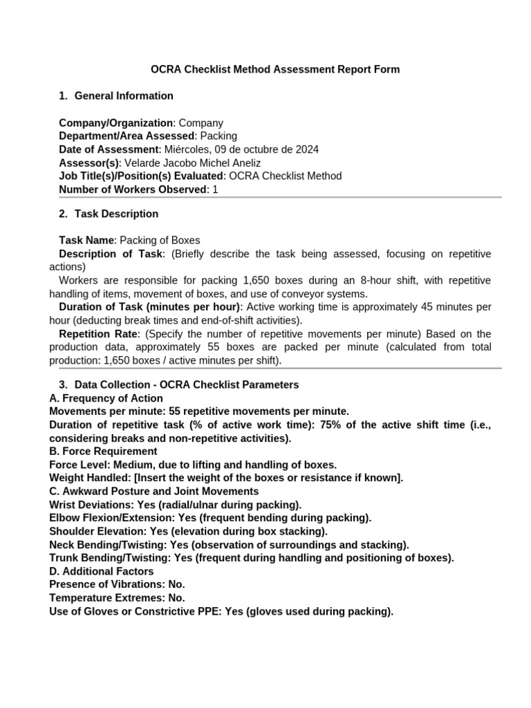 OCRA Checklist Method Assessment Report Form | PDF | Anatomical Terms ...