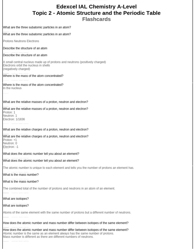 Flashcards Topic 2 Atomic Structure and The Periodic Table Edexcel ...