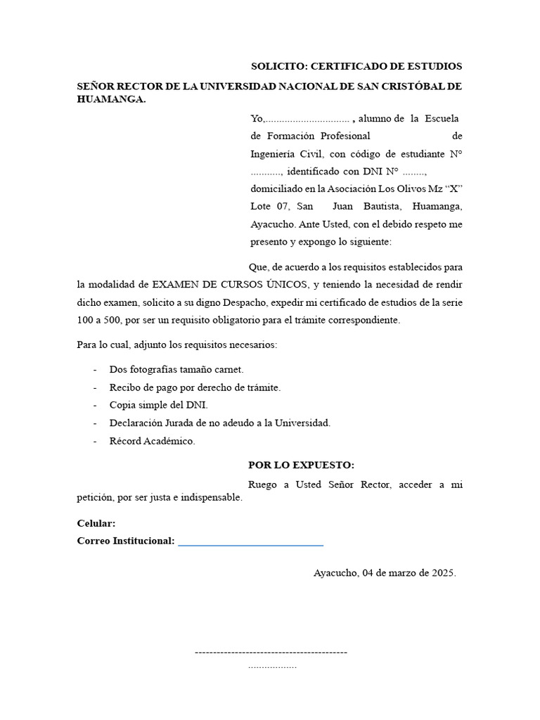Solicitud de Certificado de Estudios | PDF