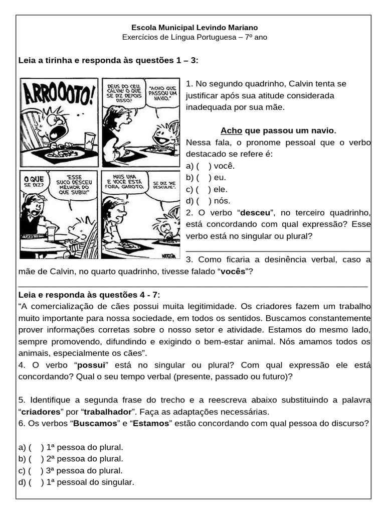 Exercícios de Concordância Verbal 7º Ano | PDF | Pronome | Plural