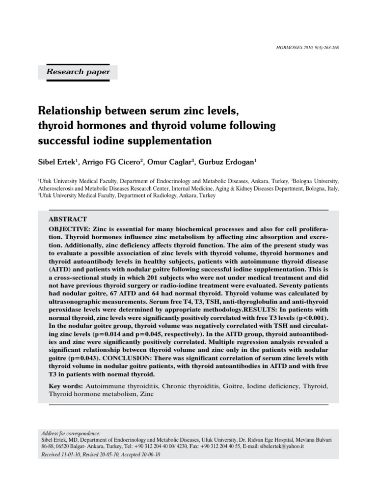 Relationship Between Serum Zinc Levels, Thyroid Hormones and Thyroid ...