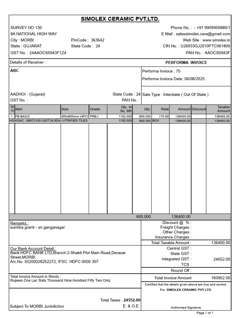 Simolex Vitrified Tiles Invoice Details | PDF | Invoice | Taxation