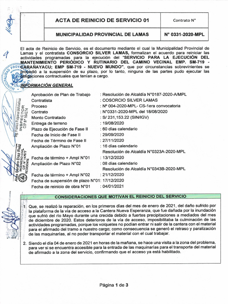 Acta de Reinicio de Servicio N°01 - Contrato 0331 | PDF