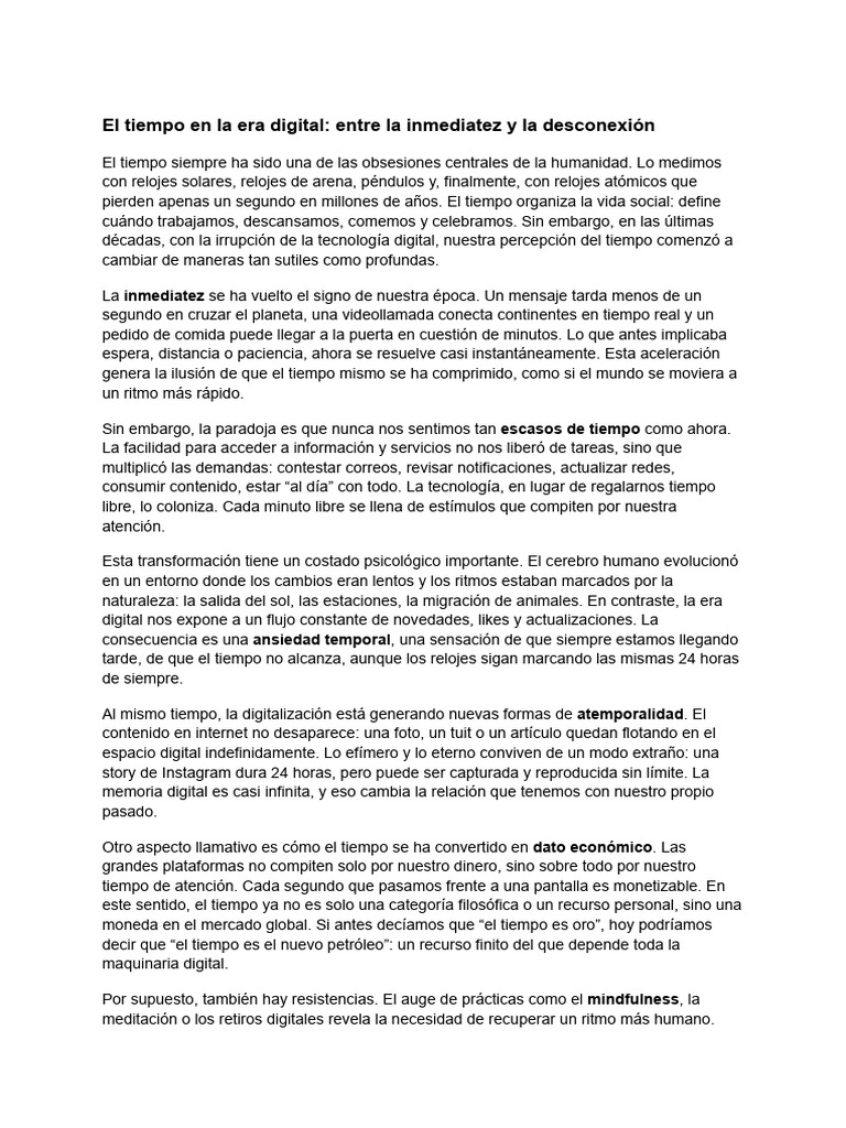 El tiempo en la era digital: inmediatez y ansiedad | PDF | Hora