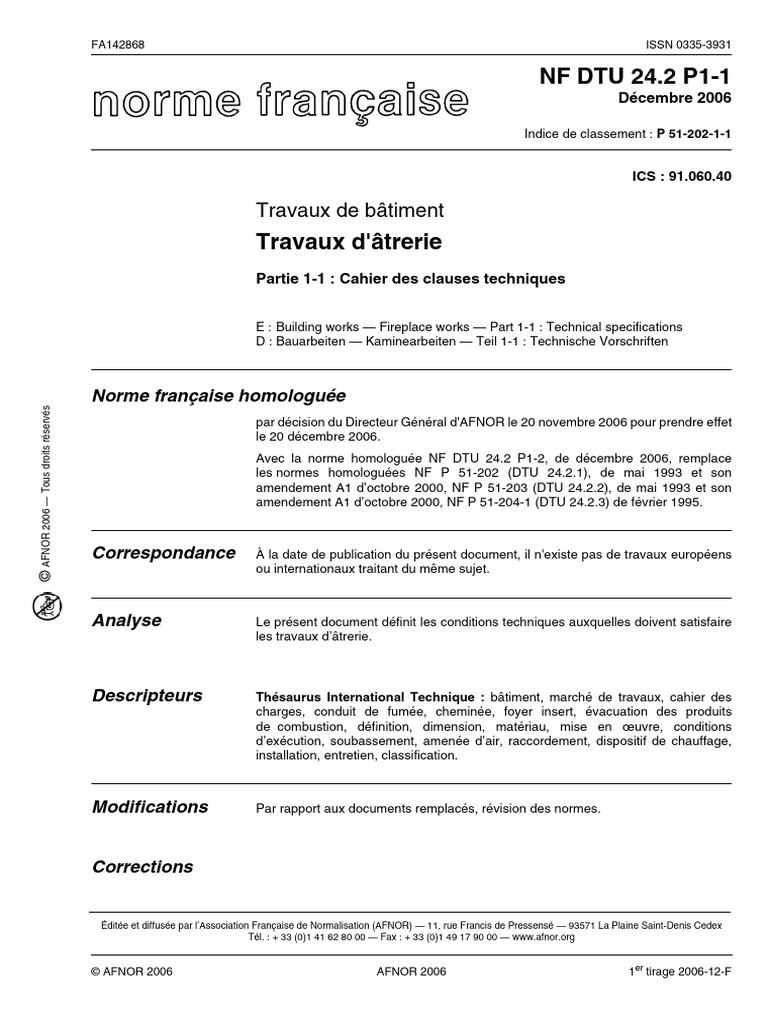 Norme NF DTU 24.2 P1-1: Travaux d'âtrerie | PDF | Cheminée | Code de la ...