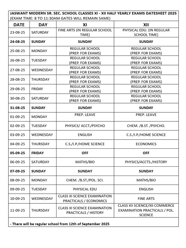 2025 Half Yearly Exam Date Sheet XI-XII | PDF