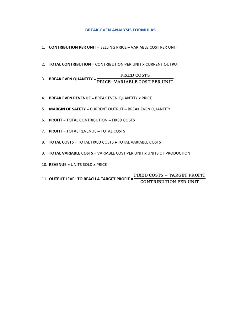 Break Even Formulas | PDF