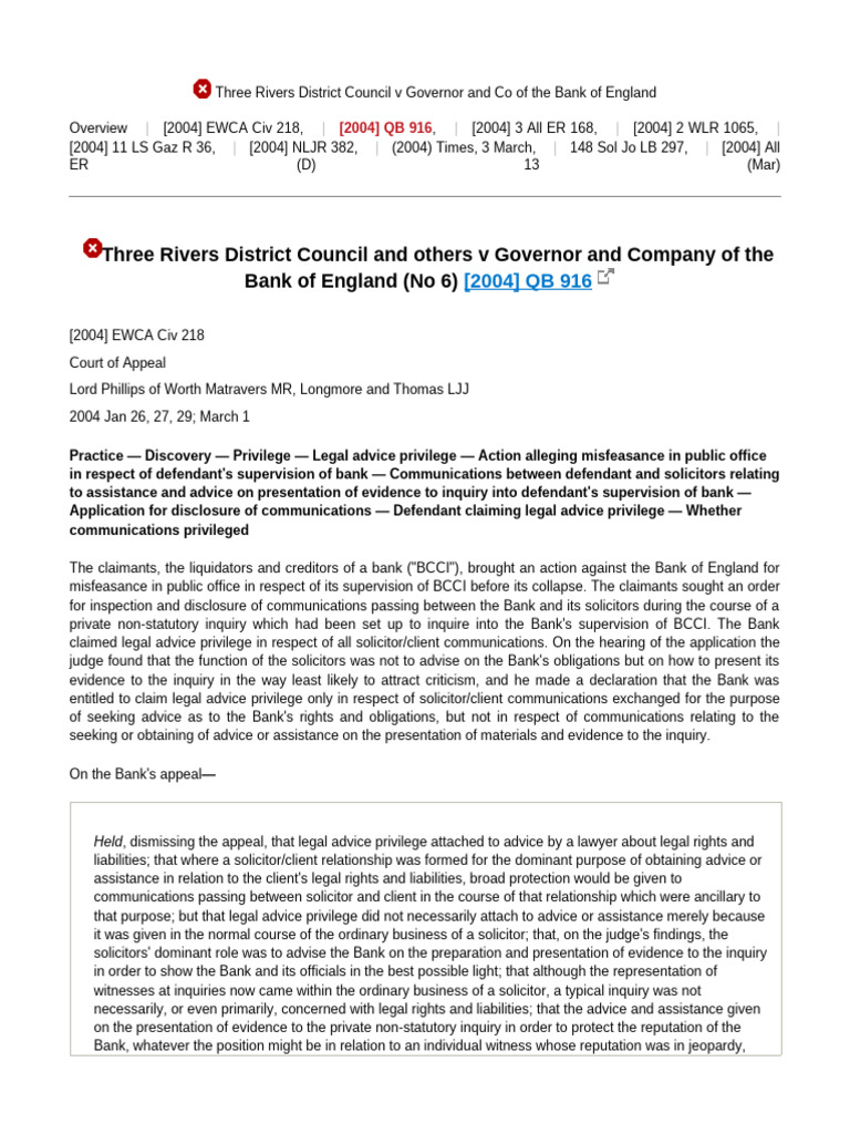 Three Rivers v Bank of England: Legal Privilege | PDF | Common Law ...