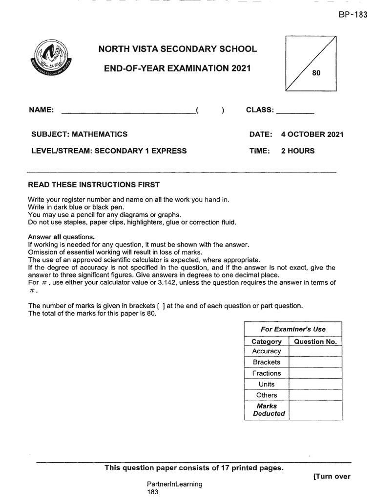 Mathematics End-of-Year Exam 2021 | PDF | Numbers | Area