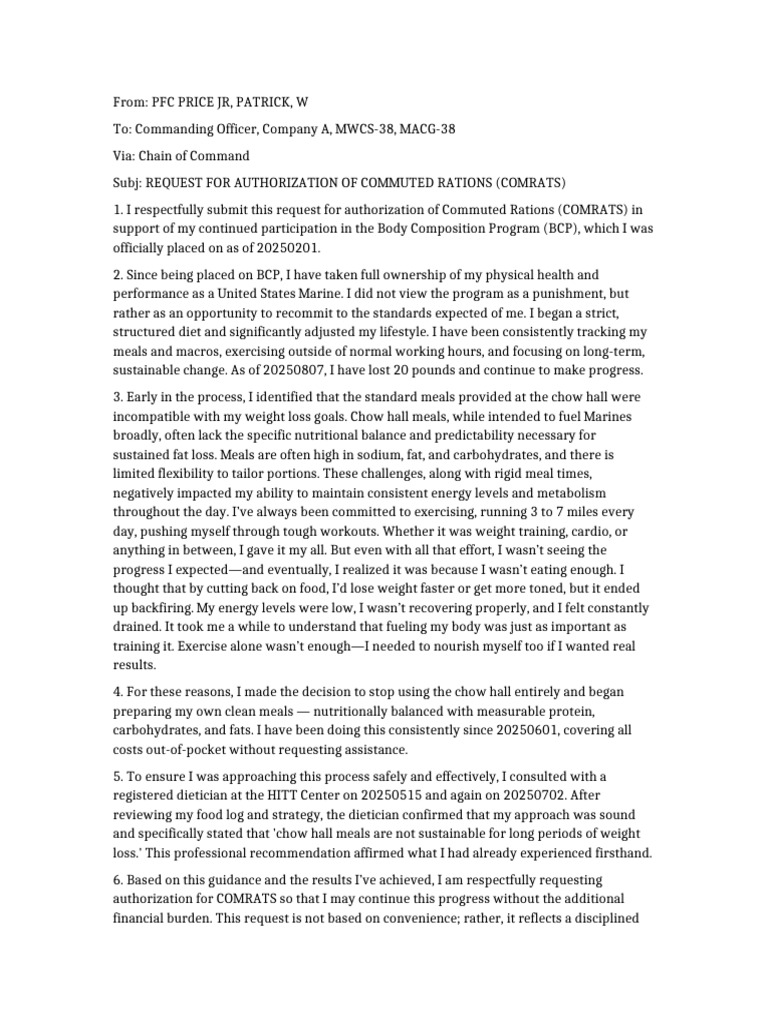 Request for Commuted Rations Approval | PDF | Nutrition | Diet & Nutrition