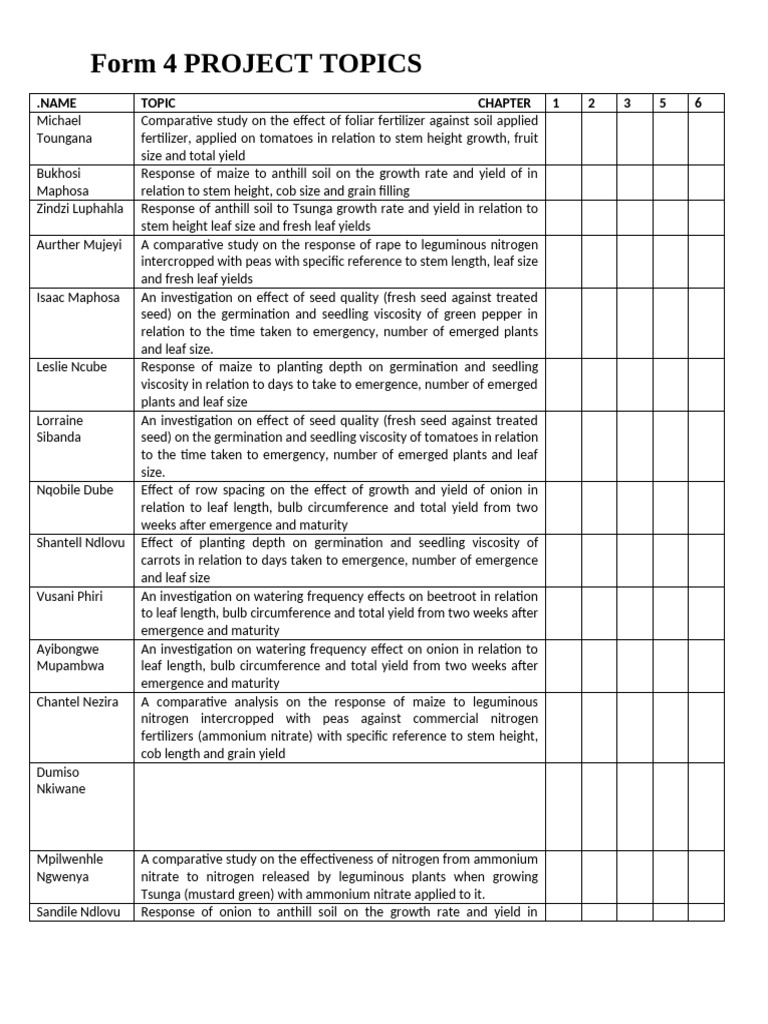 Form 4 Agricultural Project Topics | PDF | Legume | Seed