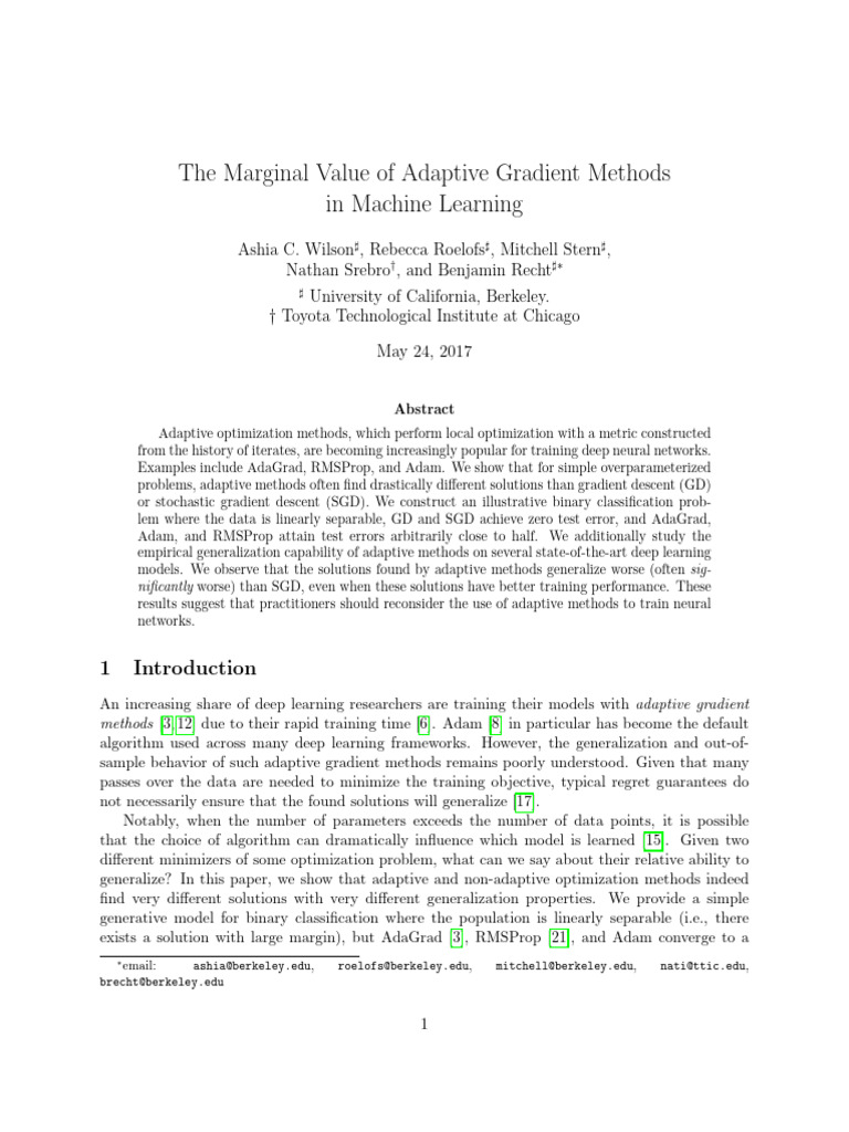Adaptive Gradient Methods in ML: Generalization Issues | PDF | Applied ...