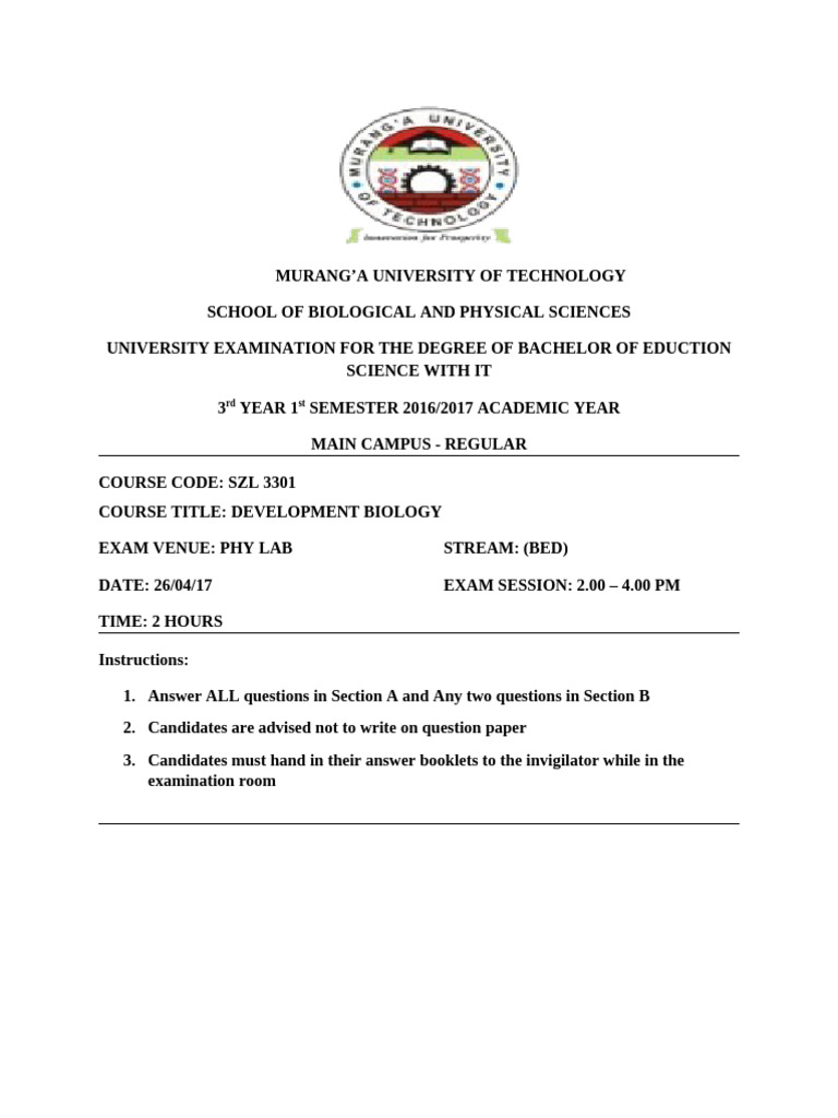 SZL 3301 Development Biology - Teacher - Co - .Ke | PDF