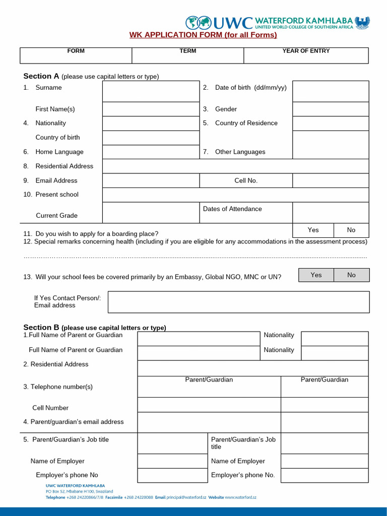 WK Application Form for UWC Admission | PDF