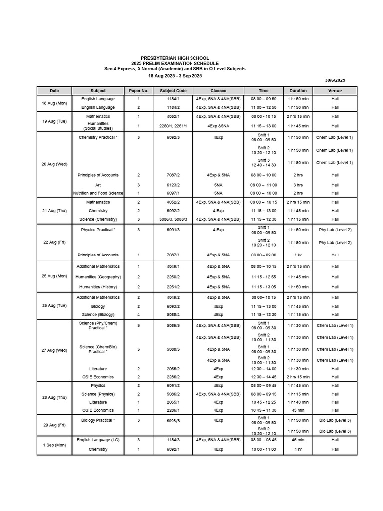 2025 O-Level Prelim Exam Schedule | PDF | Educational Assessment And ...