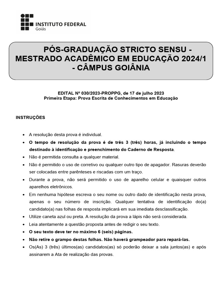 Prova Escrita Mestrado Educação 2024/1 | PDF | Pós-graduação | Mestrado