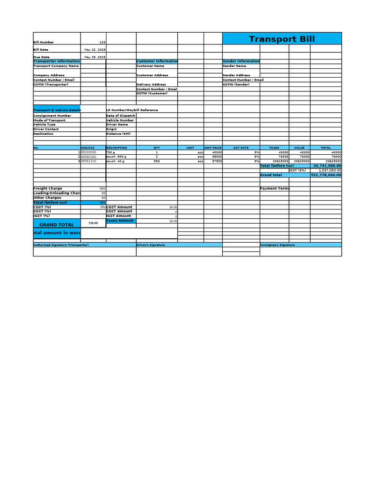 Transport Bill Format and Details | PDF | Taxation | Government Finances