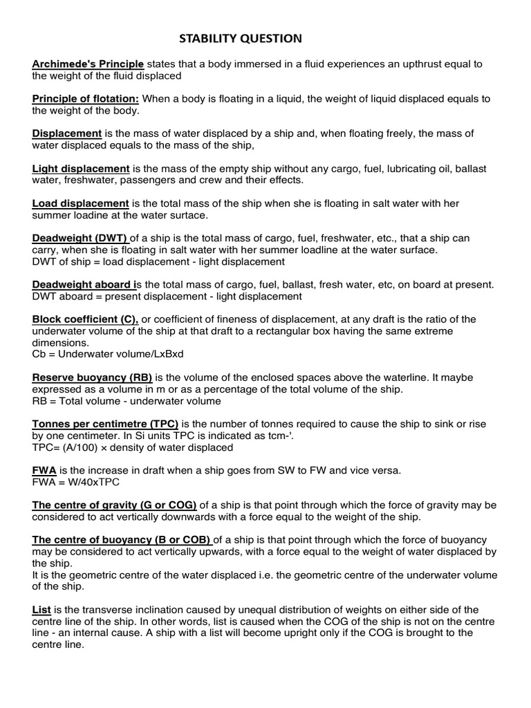 Ship Stability Principles Explained | PDF | Buoyancy | Shipping