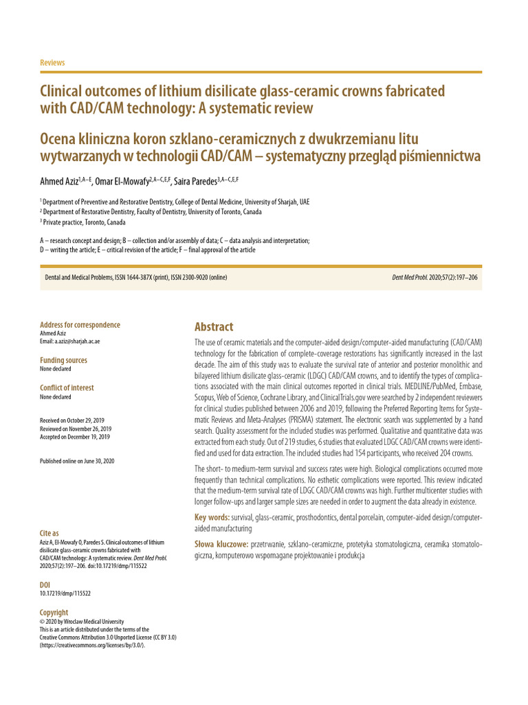 Clinical Outcomes of CAD/CAM LDGC Crowns | PDF | Systematic Review