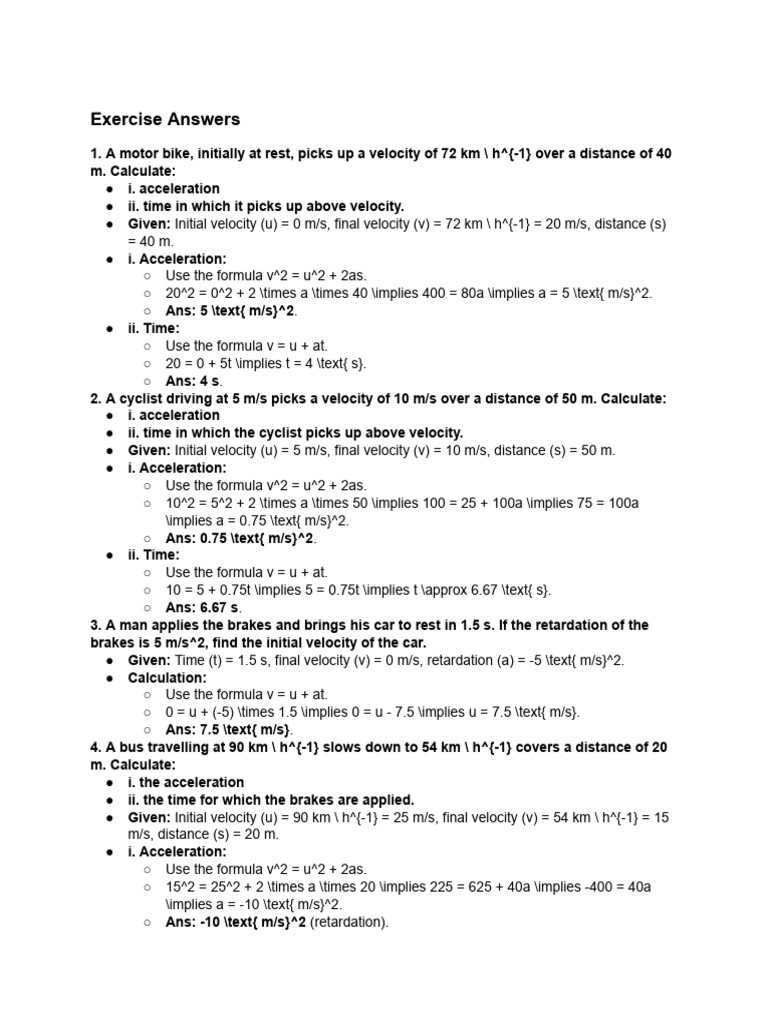 Vehicle Motion Calculations and Answers | PDF | Speed | Velocity