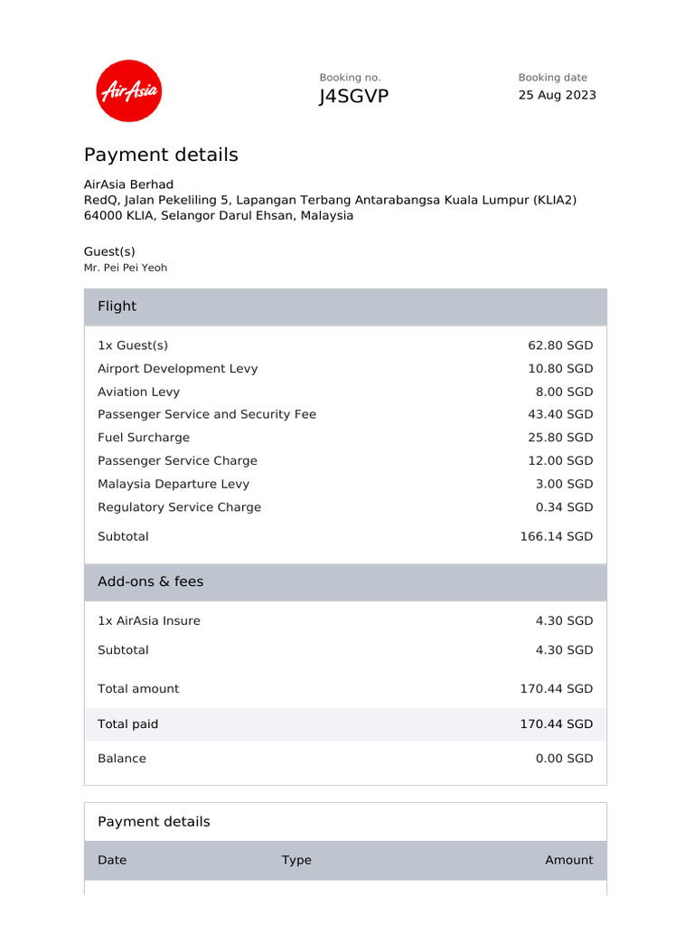 AirAsia Invoice Summary for Booking J4SGVP | PDF