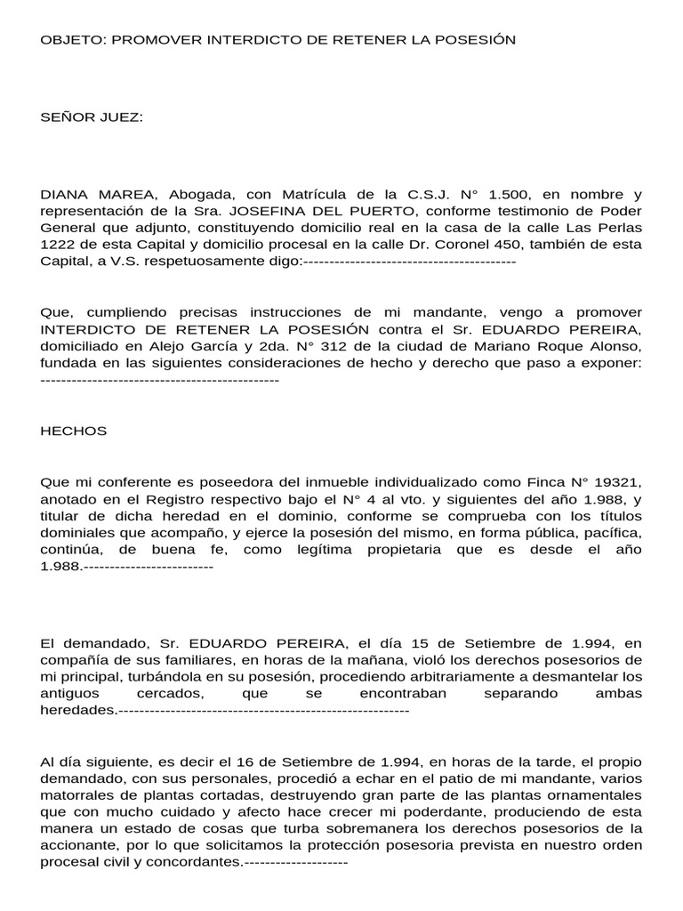 Modelo de Interdicto de Adquirirr | PDF | Posesión (Ley) | Caso de ley