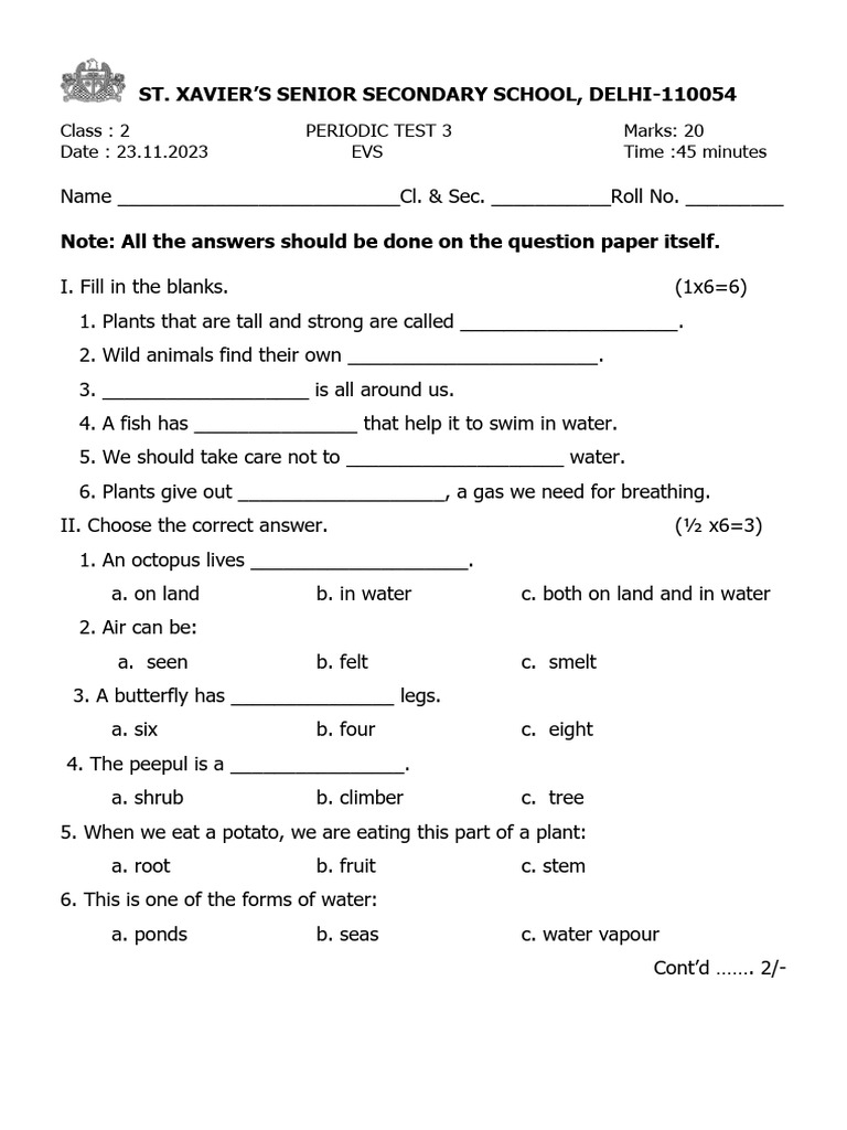 Class 2 EVS Periodic Test 3 Paper | PDF