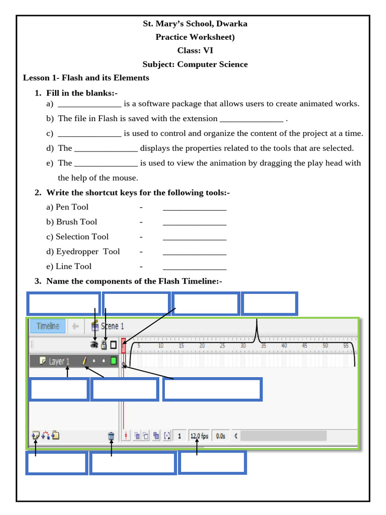 Flash Elements Worksheet for Class VI | PDF | Adobe Flash | System Software