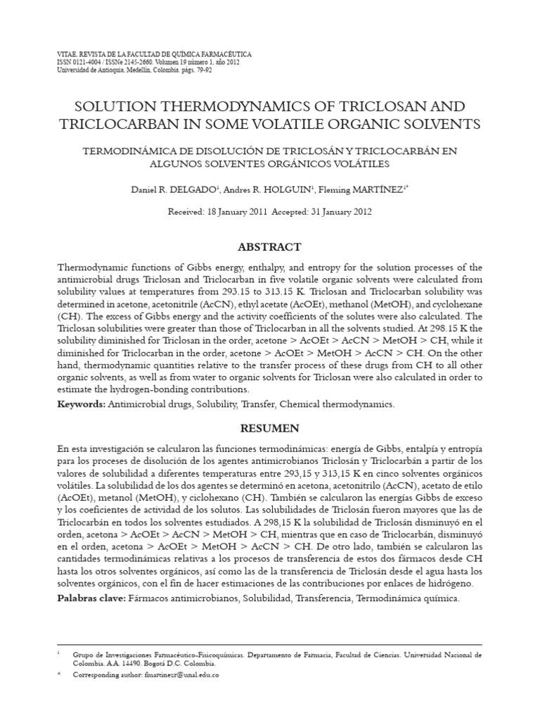 Solution Thermodynamics of Triclosan and Triclocarban in Some Volatile ...