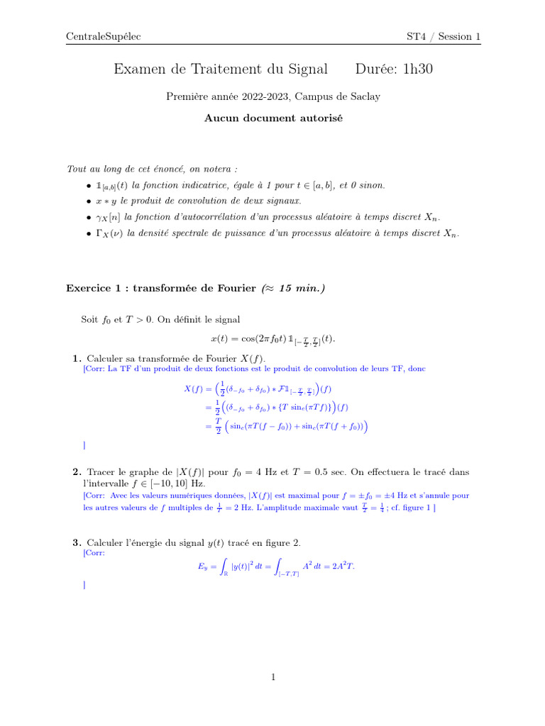 Corrigé Examen Traitement Signal 2023 | PDF | Transformation de Fourier ...