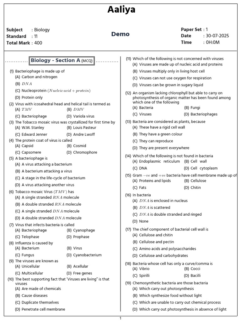 Biology MCQ Practice for Class 11 | PDF | Bacteria | Cell (Biology)